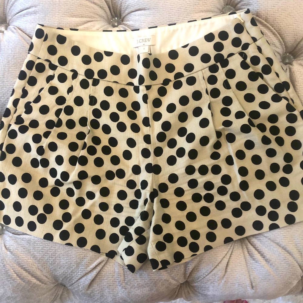 J Crew tan and black polka dot shorts.